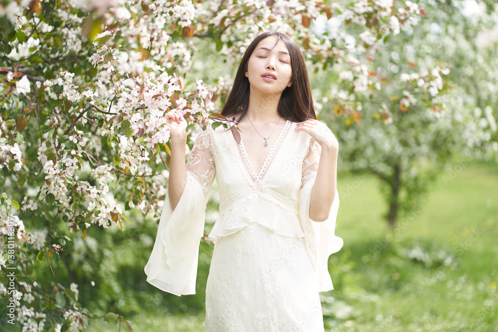 Beautiful Asian woman in a white dress, standing near a tree with white flowers and holding branches with her hands, eyes closed Beautiful Asian woman in a white dress, standing near a tree with white flowers and holding branches with her hands, eyes closed
