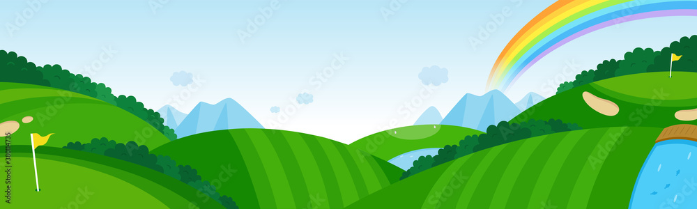 Obraz premium パノラマのゴルフコース。虹が出てる、丘の続く広大なゴルフ場。