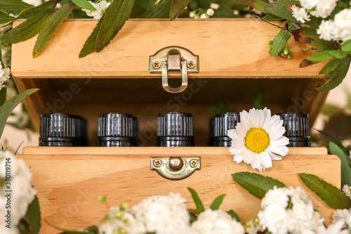 Wooden essential oil storage box with bottle caps visible sitting in bed of white flowers. Wellness image featuring chrysanthemums.  photo