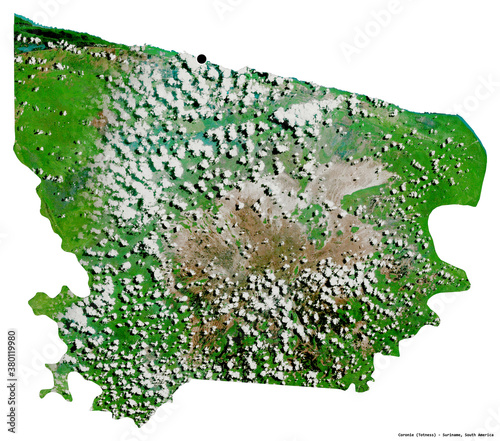 Coronie, district of Suriname, on white. Satellite photo