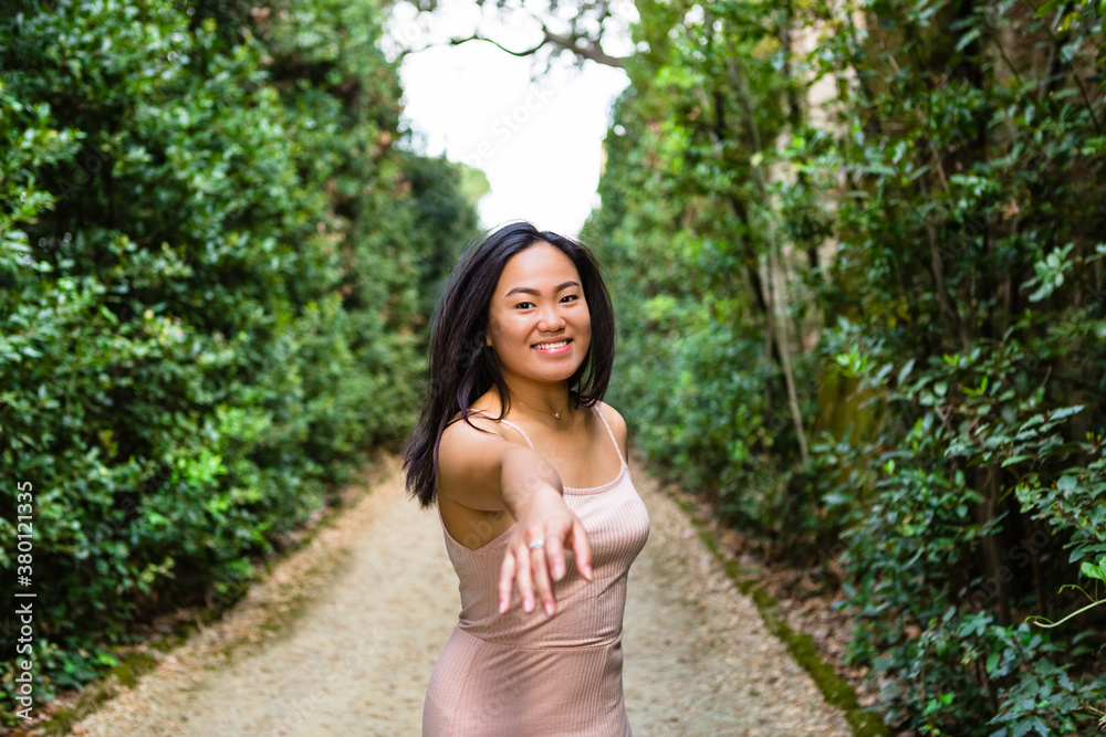 Young Filipino Woman Visiting Italian Garden Maze Young Filipino Woman Visiting Italian Garden Maze