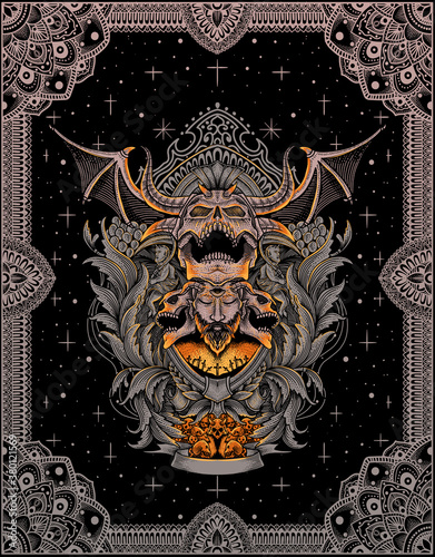 Demon skull with vintage engraving pattern-vector illustration art.