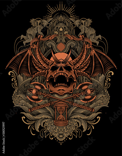 Demon skull with vintage engraving pattern-vector illustration art.