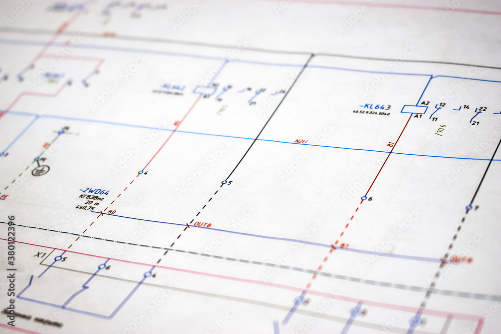 Printed electrical diagram. Design concept, electronics and engineering. Wiring diagram, close-up Printed electrical diagram. Design concept, electronics and engineering. Wiring diagram, close-up