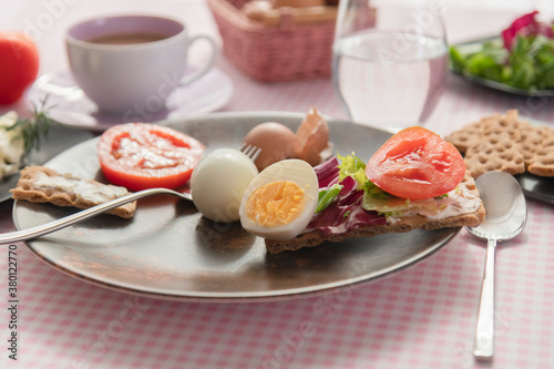healthy breakfast with boiled eggs and various of vegetables