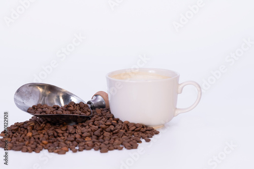 coffee bean with breakfast cup on white background