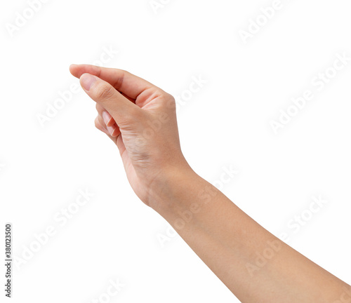 A woman's hand in a plucking gesture on a white background photo