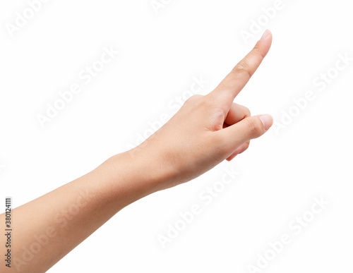 A woman's hand points to a white background