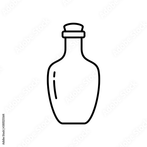 Bottle of cognac, rum or liquor. Linear icon of alcohol, beverage. Black simple illustration of rounded glass bottle. Contour isolated vector pictogram, white background