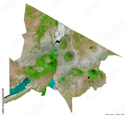 Arusha, region of Tanzania, on white. Satellite photo