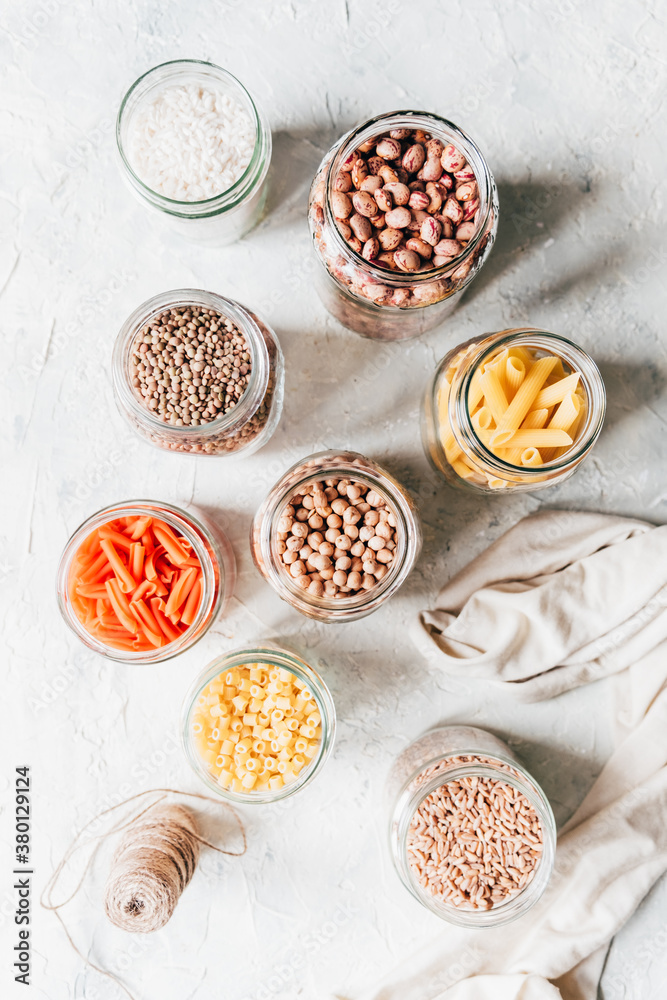 Lentils, beans, chickpeas and pasta in jars Lentils, beans, chickpeas and pasta in jars