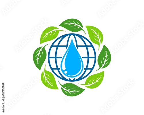 Abstract globe with circular leaf and water drop