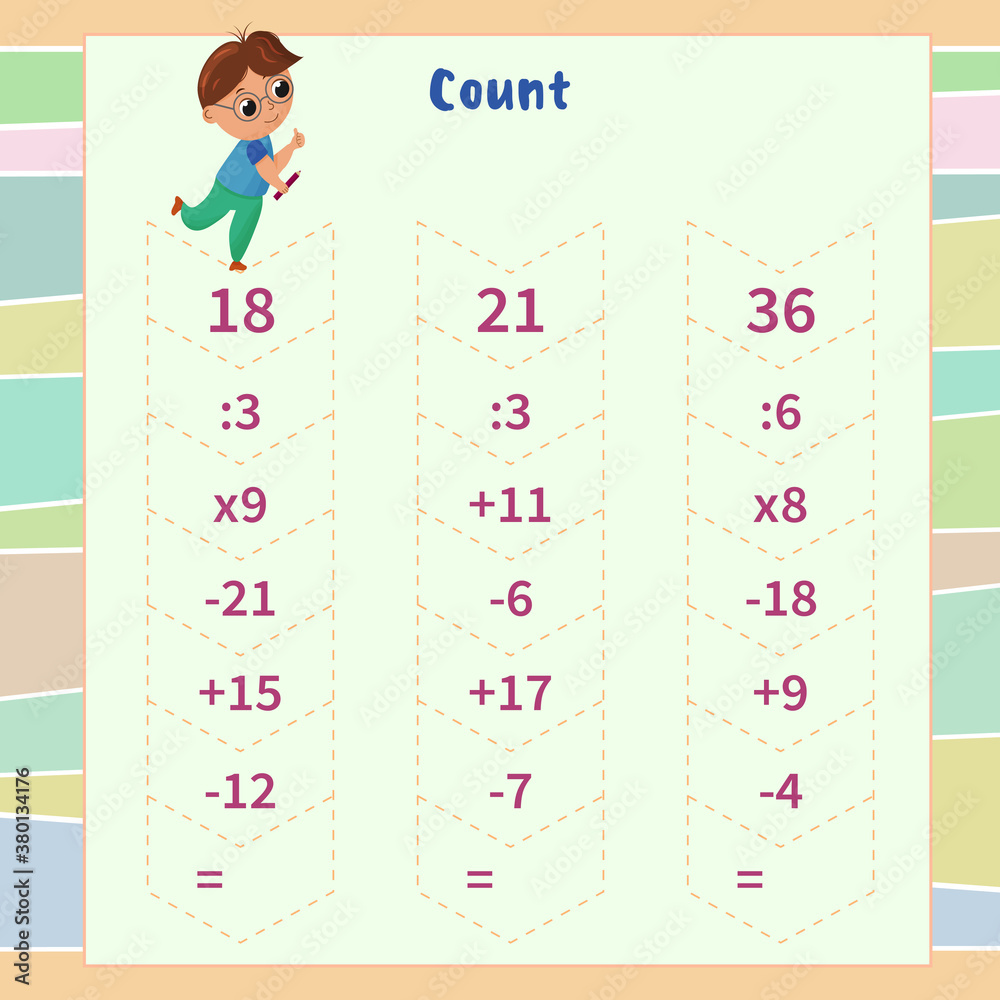Obraz premium Math game for children. count the chain of actions and write down the result