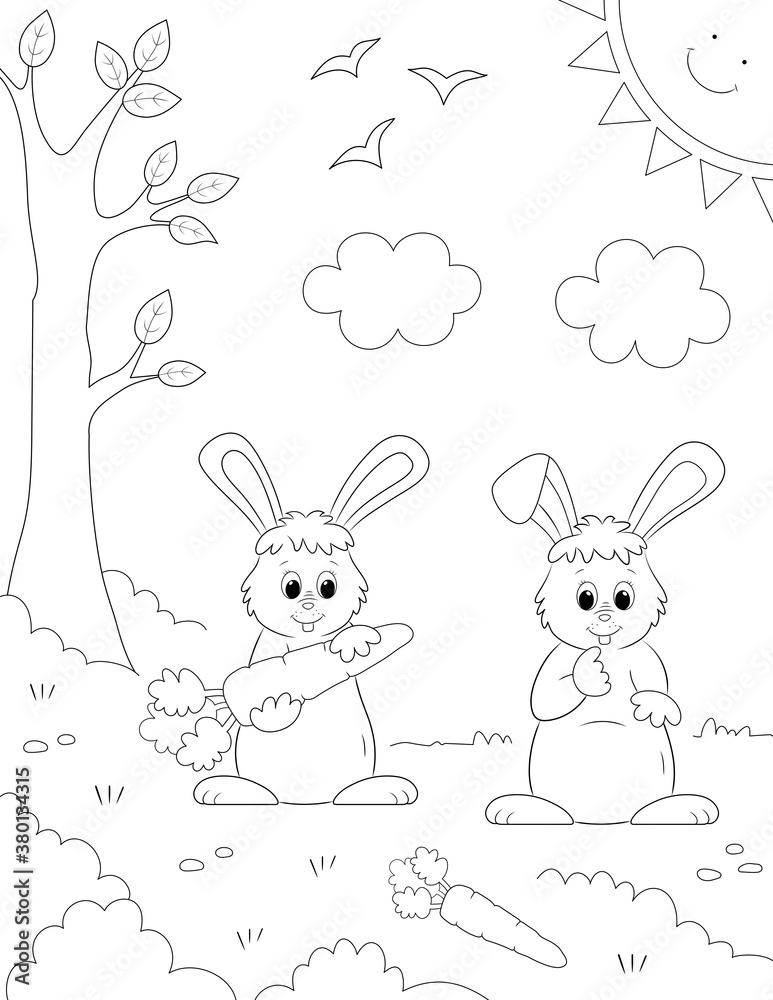 coloring page with two cute rabbits in nature. You can print it on 8.5x11 inch page coloring page with two cute rabbits in nature. You can print it on 8.5x11 inch page