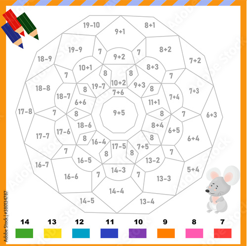 Mathematical coloring for addition and subtraction. Abstract geometric pattern.