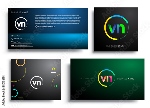 Letter VN logotype with colorful circle, letter combination logo design with ring, sets of business card for company identity, creative industry, web, isolated on white background.