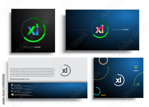 Letter XL logotype with colorful circle, letter combination logo design with ring, sets of business card for company identity, creative industry, web, isolated on white background.