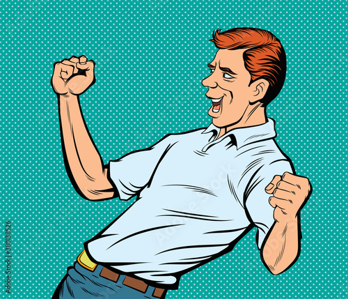 A man showing joy, raising both hands. Pop art vector illustration

