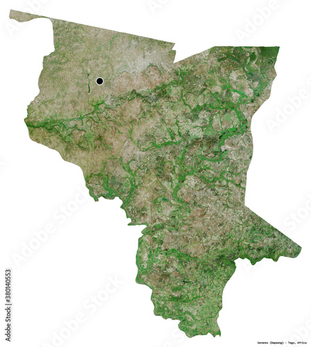 Savanes, region of Togo, on white. Satellite photo