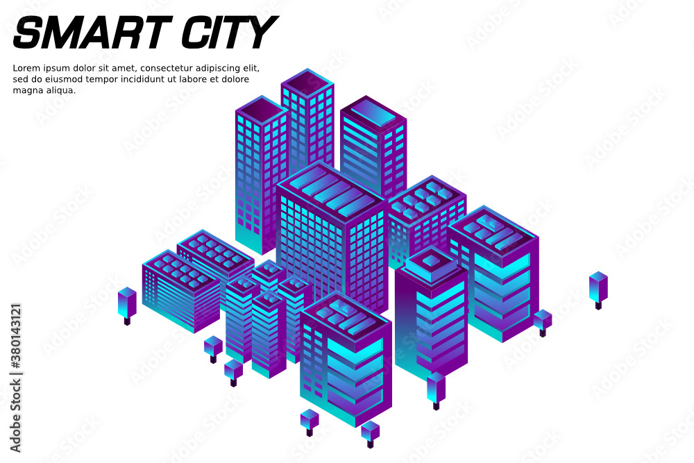 Smart city or intelligent building isometric vector concept. Smart building control concept. Concept building with technology system. 3d isometric vector illustration.