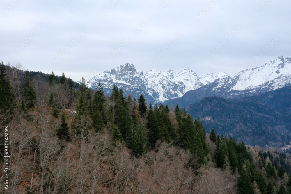 aerial snow covered mountain peaks in alps at winter 