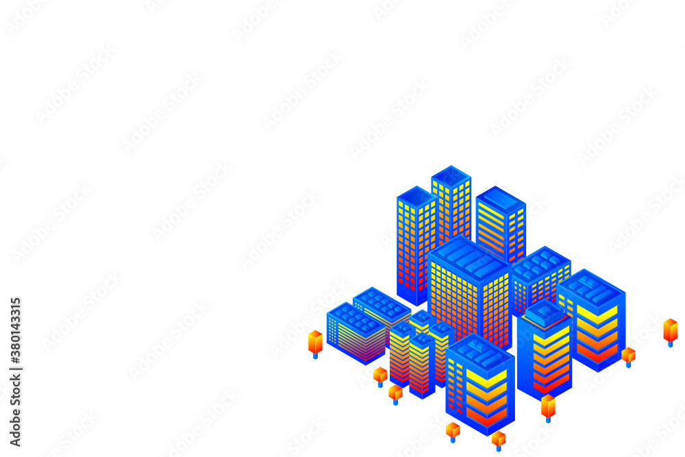 Fototapeta premium Smart city or intelligent building isometric vector concept. Smart building control concept. Concept building with technology system. 3d isometric vector illustration.