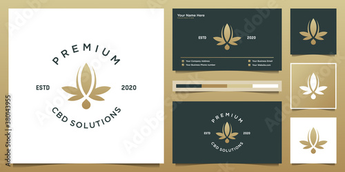 Luxury leaf and drop with line art style. premium cbd oil, marijuana, cannabis logo design and business card.