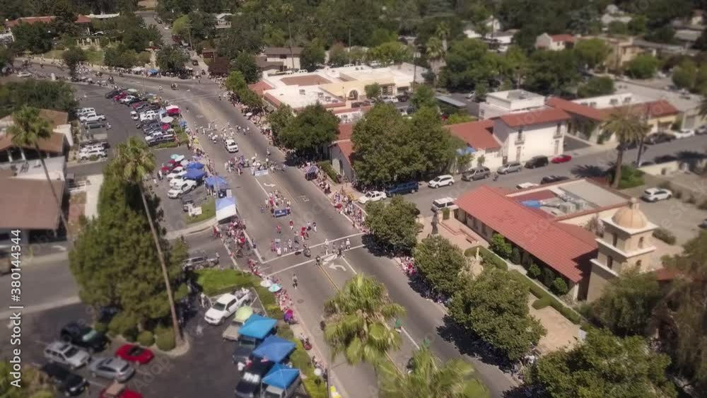 Aerial view of parade on Ojai Avenue in Ojai, California, United States Aerial view of parade on Ojai Avenue in Ojai, California, United States