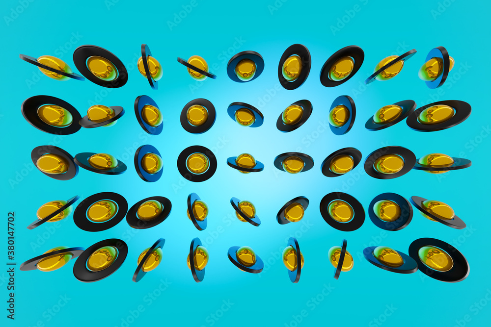 3D rendering of a yellow and black gyroscopes on a blue background. A simple geometric figure of balls of different sizes. Сyber shape in cartoon style 3D rendering of a yellow and black gyroscopes on a blue background. A simple geometric figure of balls of different sizes. Сyber shape in cartoon style