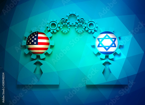 Politic and economic relationships between USA and Israel. National flags in gears head of the businessman. Teamwork concept. 3D rendering