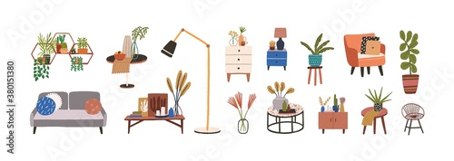 Set of furniture and decor elements vector flat illustration. Collection of home decorations for cosiness interior isolated. Stylish chest of drawers, couch, houseplant, armchair, lamp and table