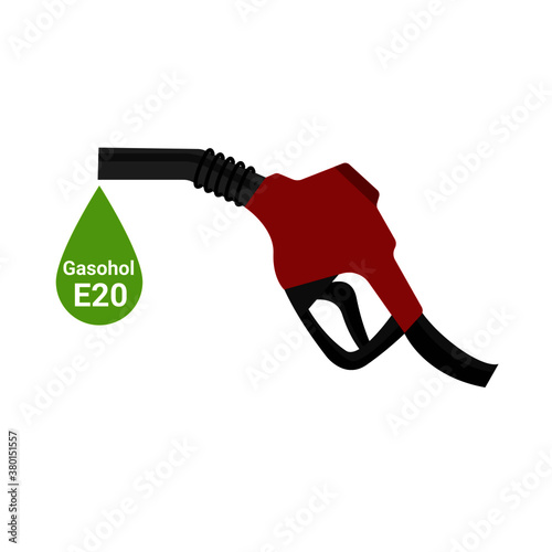 Gasohol E20 and gasoline pump gun on white background