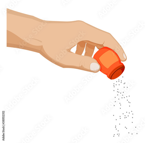 cooks men hand holds pepper shaker and pours out the flavor. Cooking in kitchen. Cartoon vector on white background