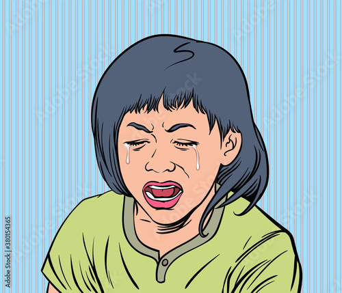 Crying little girl. Pop art vector illustration