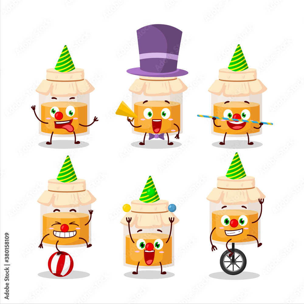 Naklejka premium Cartoon character of white honey jar with various circus shows