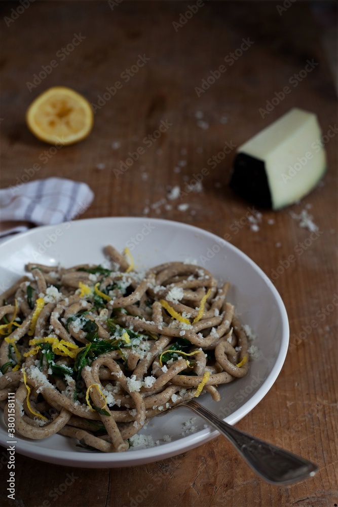 Wholemeal pici with rocket and pecorino cheese Wholemeal pici with rocket and pecorino cheese