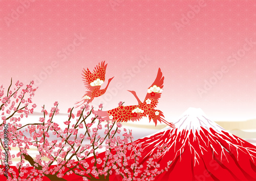 赤富士と鶴のお正月背景