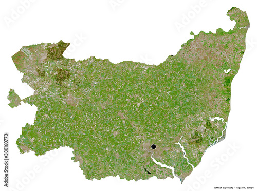 Fototapeta Suffolk, administrative county of England, on white. Satellite
