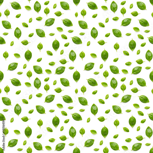 Italian Basil leaf herb seamless pattern on white background, Creative seamless pattern made from fresh green basil flat lay layout.