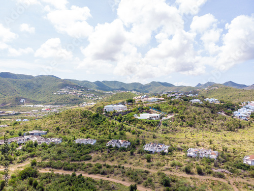 Aerial view of the Caribbean island of Sint maarten /Saint Martin. Aerial view of La savane and st.louis st.martin. Happy bay and friars bay beach on St.maarten.