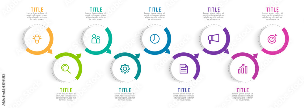 Minimal Business Infographics template. Timeline with 9 steps, options and marketing icons .Vector linear infographic with nine conected elements. Can be use for presentation. Minimal Business Infographics template. Timeline with 9 steps, options and marketing icons .Vector linear infographic with nine conected elements. Can be use for presentation.