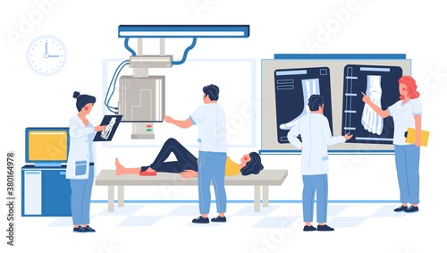 Fluoroscopy exam in hospital, clinic, flat vector illustration. Patient woman lying on medical table, xray machine taking image of broken leg, doctors looking at xray pictures. Bone fracture, injury.