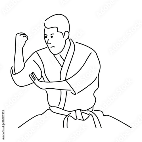 Karate fighter, line art vector illustration