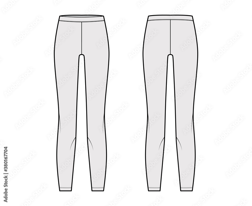 Leggins technical fashion illustration with elastic waistband. Flat sport training slim pants, casual knit trousers apparel template front back grey color. Women men unisex yoga fitness gym CAD mockup Leggins technical fashion illustration with elastic waistband. Flat sport training slim pants, casual knit trousers apparel template front back grey color. Women men unisex yoga fitness gym CAD mockup