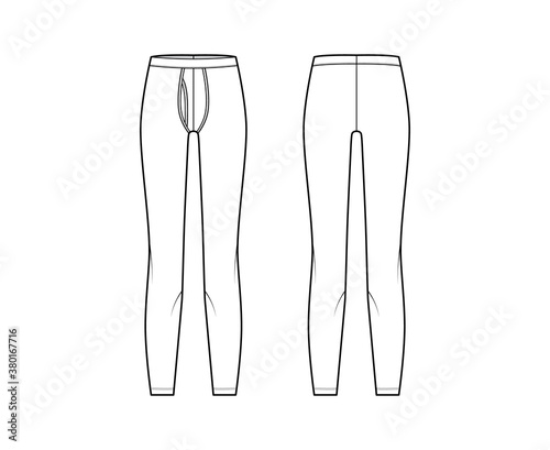 Long Johns underwear technical fashion illustration with elastic waistband, vertical fly. Flat knit pants apparel lingerie template front, back, white color. Women men unisex leggins CAD mockup