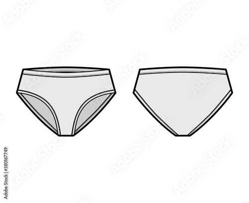 High-cut briefs technical fashion illustration with mid hips coverage and waist rise. Flat Mini-short panties bikini lingerie template front, back, grey color. Women men unisex underwear CAD mockup