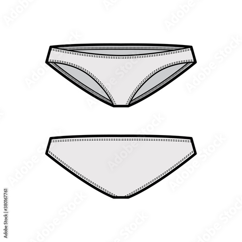 Bikinis technical fashion illustration with elastic waistband, low rise, medium hips coverage. Flat cheekini panties briefs lingerie template front, back grey color. Women unisex underwear CAD mockup