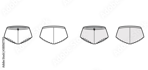 French knickers technical fashion illustration with scalloped edge, elastic waistband. Flat short panties briefs lingerie template front, back, white, grey color. Women men unisex underwear CAD mockup