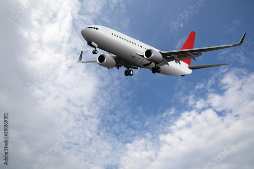 Commercial passenger plane with landing gear down set against a blue cloudy daytime sky