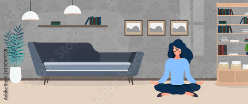 The girl is meditating in the office. The girl practices yoga. Room, office, floor lamp, room growth, table with laptop, workplace. Vector illustration
